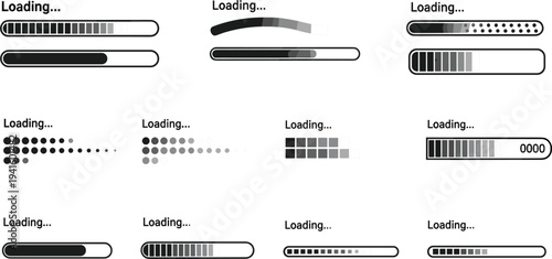 Loading Bar and Progress Indicator Icon Set Featuring Various Styles for Website, App, and UI Desig