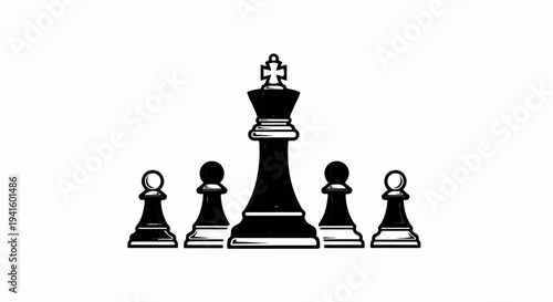 A king stands centered, surrounded by pawns in a stylized illustration