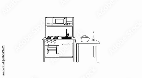 A line drawing of a play kitchen with a stove, microwave, sink, and separate table