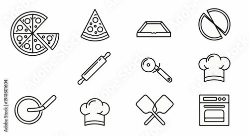 A collection of simple black and white line art icons related to pizza making and baking