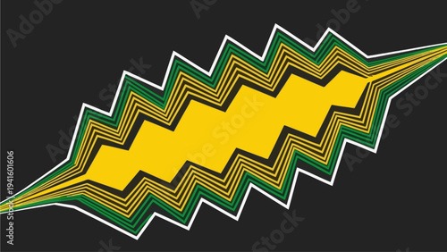 Vibrant and dynamic abstract geometric pattern with a powerful zigzag shape at its core, featuring energetic lines in yellow, green, and white on a striking dark background