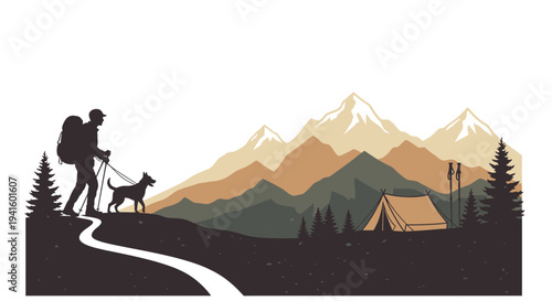 Hiker and dog enjoying mountain adventure near tent in vector illustration