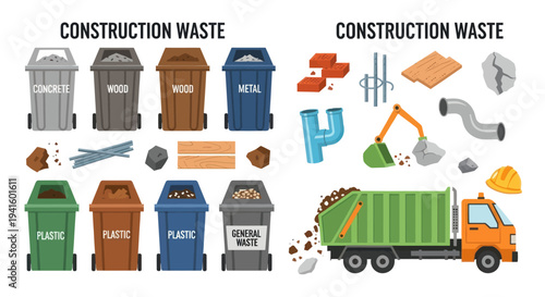 A collection of vector icons depicting construction waste debris dumpsters and disposal machinery.