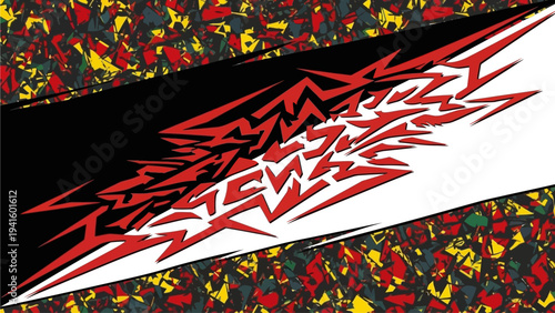 Vibrant and dynamic abstract geometric pattern with a powerful zigzag shape at its core, featuring energetic lines in yellow, green, and white on a striking dark background