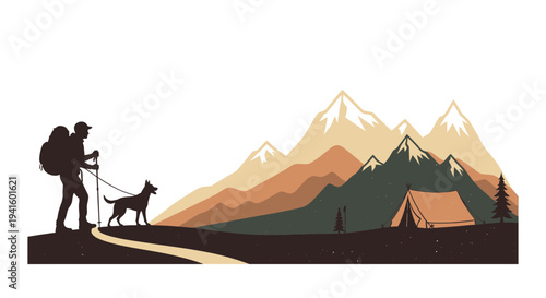 Hiker and dog enjoy scenic mountain vista near a tent in nature