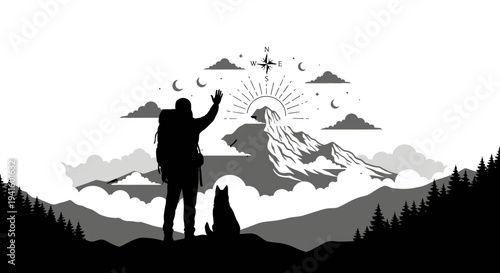 Hiker and dog enjoying mountain view at sunrise vector illustration