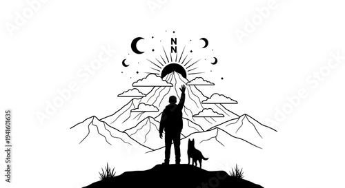 Hiker and dog enjoying mountain view at sunrise silhouette illustration