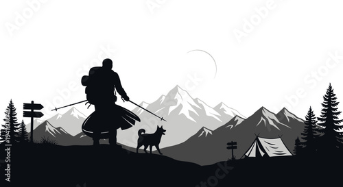 Hiker and dog enjoying mountain view during camping in black and white