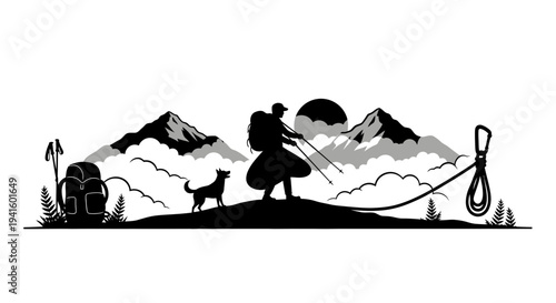 Hiker and dog enjoying mountain view outdoors vector illustration