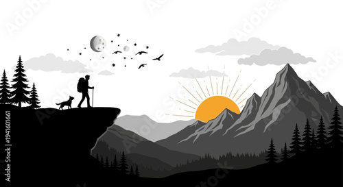 Hiker and dog enjoying mountain vista silhouette at sunrise vector illustration
