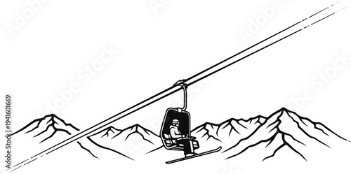 A lone skier rides a ski lift up a mountain under a clear sky