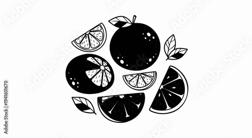 A collection of sliced oranges and whole oranges with leaves