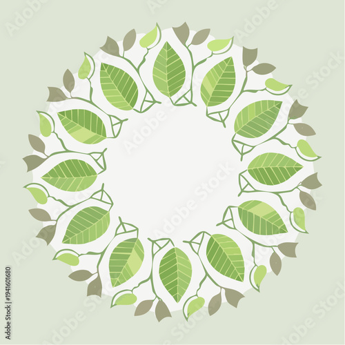 Graceful circular frame showcasing a charming botanical arrangement of fresh green leaves, evoking organic harmony