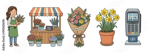 Flower shop business elements including a happy florist, fresh bouquets, and a payment terminal, illustrating the retail experience.