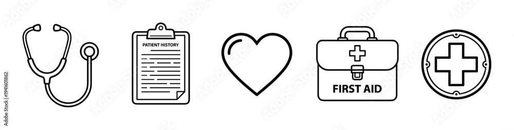 Obraz premium Stethoscope, patient history, heart, first aid kit, and medical cross icons represent essential elements of healthcare and emergency services.