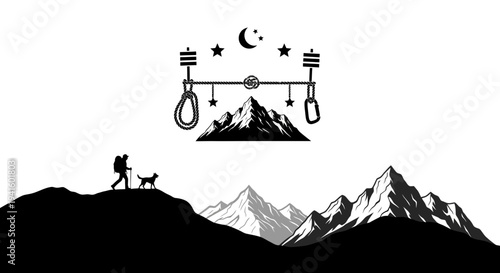Hiker and dog silhouette against mountains and sky symbol vector
