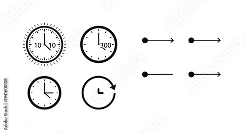 Clock Timer and Directional Arrow Icon Set Featuring Time Measurement Symbols and Simple Navigation Arrows for Interface Design