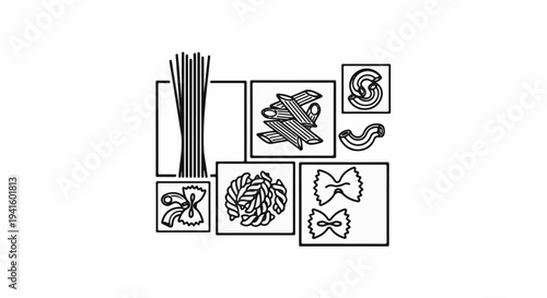 A collection of various pasta shapes in a scattered arrangement
