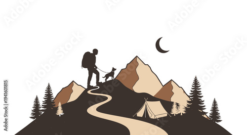 Hiker and dog on mountain trail under crescent moon vector illustration