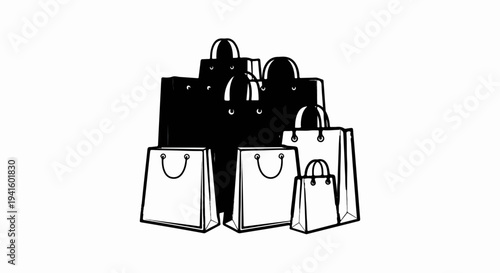 A collection of various sized shopping bags, some black, some white
