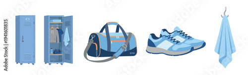 Gym equipment and locker room essentials, including a duffel bag, athletic shoes, and a fresh towel, are prepared for a productive fitness session.