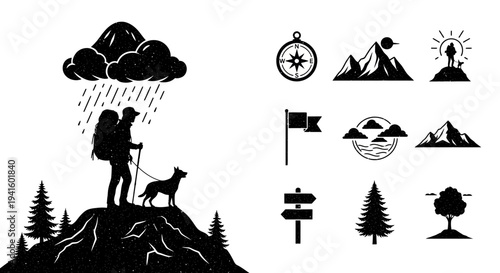 Hiker and dog silhouette mountain scene outdoor adventure icons