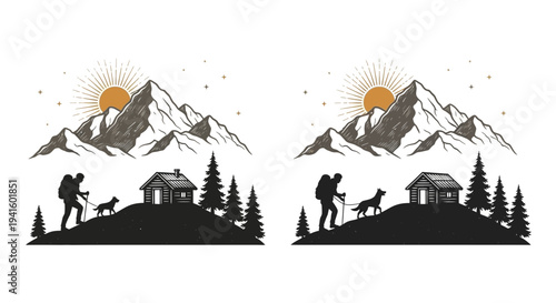 Hiker and dog silhouette hiking towards cabin and mountain with sunrise