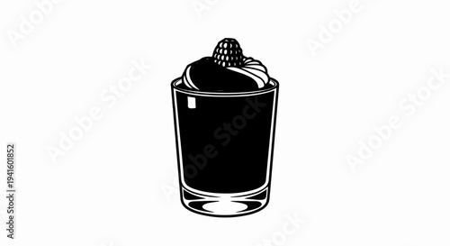 A glass filled with dark liquid, topped with whipped cream and a raspberry