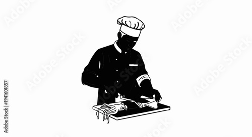 A cook in chef's attire skillfully prepares seafood on a cutting board