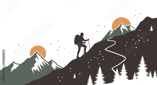 Hiker ascending mountain path silhouette against sunset vector illustration