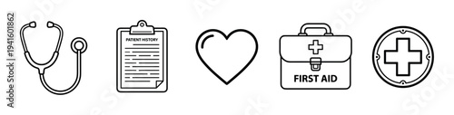 Stethoscope, patient history, heart, first aid kit, and medical cross icons represent essential elements of healthcare and emergency services.
