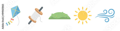 Kite flying elements, including a colorful kite, string spool, green hill, sun, and wind, represent outdoor spring and summer activities.