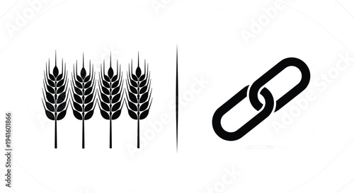 Wheat Grain and Chain Link Icon Set Featuring Agricultural Crop Symbols and Connection Link Icons for Farming and Network Concepts