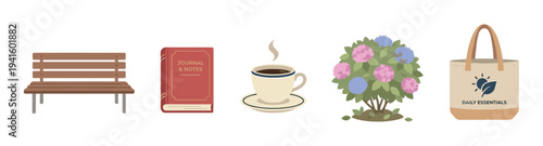 Everyday objects for relaxation and daily life, featuring a park bench, journal, hot coffee, blooming flowers, and a reusable tote bag.