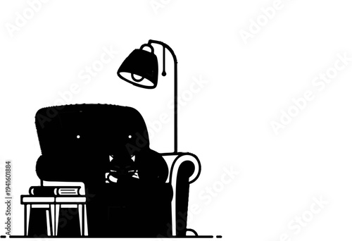 A cozy armchair with a lamp and books, a cat sits comfortably within