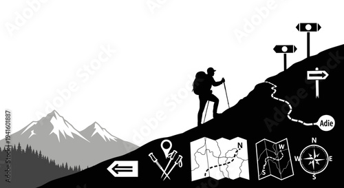 Hiker ascending mountain path silhouetted against a white background