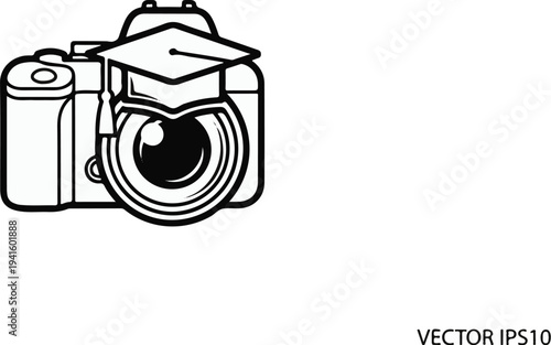 A graduation cap rests atop a camera lens, symbolizing photography education