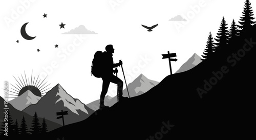 Hiker ascending mountain path silhouetted against a scenic landscape vector illustration