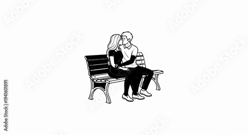 A couple in love shares a tender kiss on a park bench, surrounded by the simplicity of a sketch