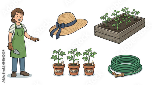 Gardening essentials including a woman, tomato plants, hat, and hose are prepared for a productive and enjoyable spring planting season.