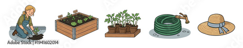 Various gardening elements including a woman planting a seedling, a raised bed, potted plants, a hose, and a straw hat, illustrating the joy of home gardening.