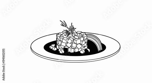 A culinary creation of diced ingredients, garnished with herbs, served on a plate