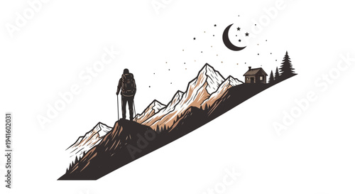 Hiker atop mountain peak at nightfall vector illustration design