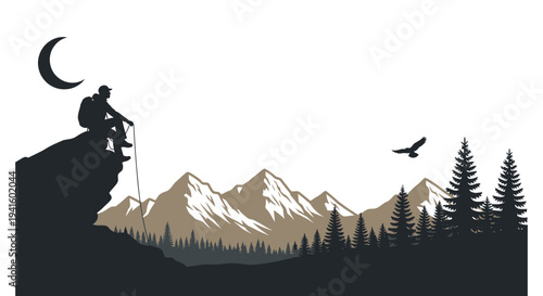 Hiker atop mountain peak looking at scenery under night sky illustration