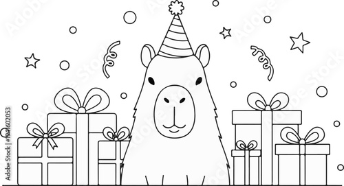 A cute capybara wearing a party hat surrounded by gifts and confetti