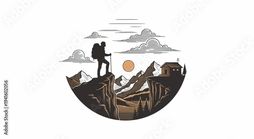 Hiker atop mountain peak looking at scenic landscape illustration with sun