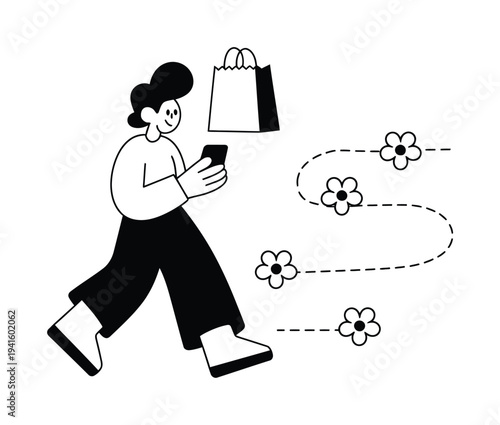 Woman Walking with Shopping Bag Vector Illustration
