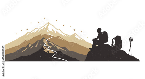 Hiker atop mountain peak silhouette observing landscape under starry sky