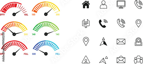Dashboard Gauge Meter and Communication Icon Set Featuring Speed Indicators and Contact Symbols for Technology and Interface Design