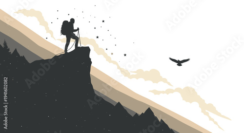 Hiker atop mountain peak silhouette with eagle flying towards the horizon